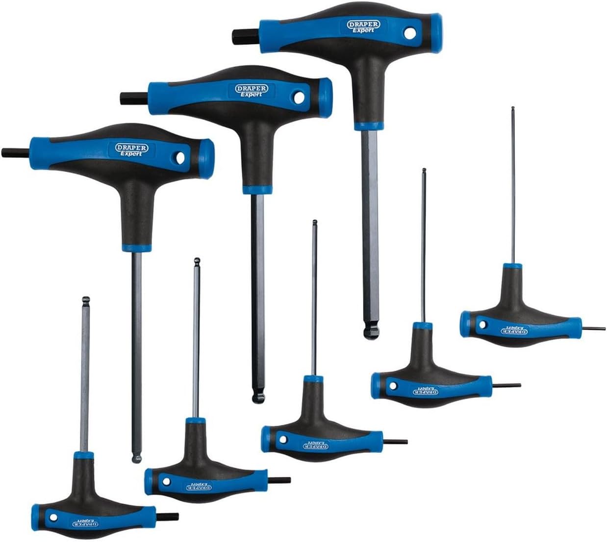 Draper 33873 Expert T Handle Hexagon and Ball End Key Set with Soft Grip, 8 Pieces, Blue