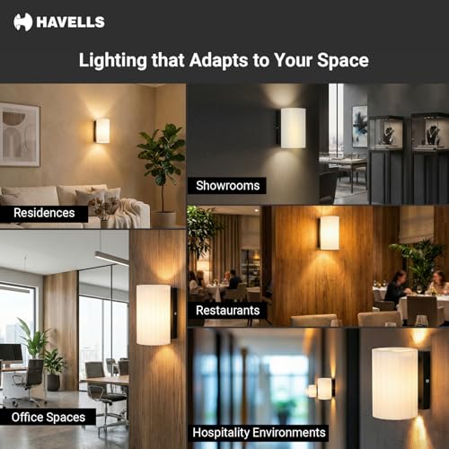 Image of Havells Aura Indoor Wall Light | Durable Cylindrical Frame & Ambient Glow Diffuser | B22 Holder Compatible | Elegant Lighting for Bedrooms, Living Rooms & Hallways