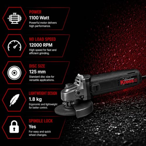 Image of Kress KU712 1100W 125mm Angle Grinder | Compact & Lightweight 4.9-Inch Grinder with 11,000 RPM Speed, Lock-On Slide Switch, Dust-Proof Bearings & Spiral Bevel Gears | Includes Handle & Spanner