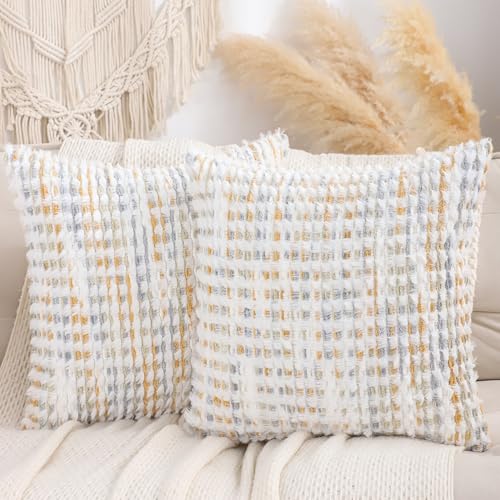 LUOYEHK Boho Throw Pillow Covers 20x20 Inch Set of 2 Chenille Tufted Pillowcase Farmhouse Neutral Cushion Covers for Couch Sofa Bed Living Room, Yellow White by LUOYEHK - Used condition - US$20.29