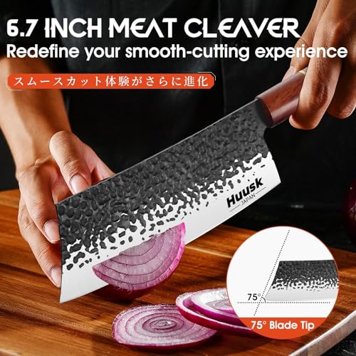Image of Huusk 7 inch Japanese Meat Cleaver Knife, Sharp Butcher Knife for Meat Cutting | Hand Forged Chef Knife High Carbon Steel Sharp Kitchen Knives for Chopping Vegetable Ideal Gift for Men and Women