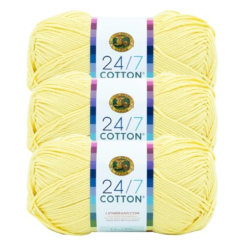 Lion Brand Yarn, 24/7 Cotton Mercerized Lightweight Yarn for Knitting, Crochet, and Crafts, Lemon, 3 Pack, 185 Yards of Natural Fiber for Breathable Tops, Durable Bags, and Easy-Care Dish Cloths