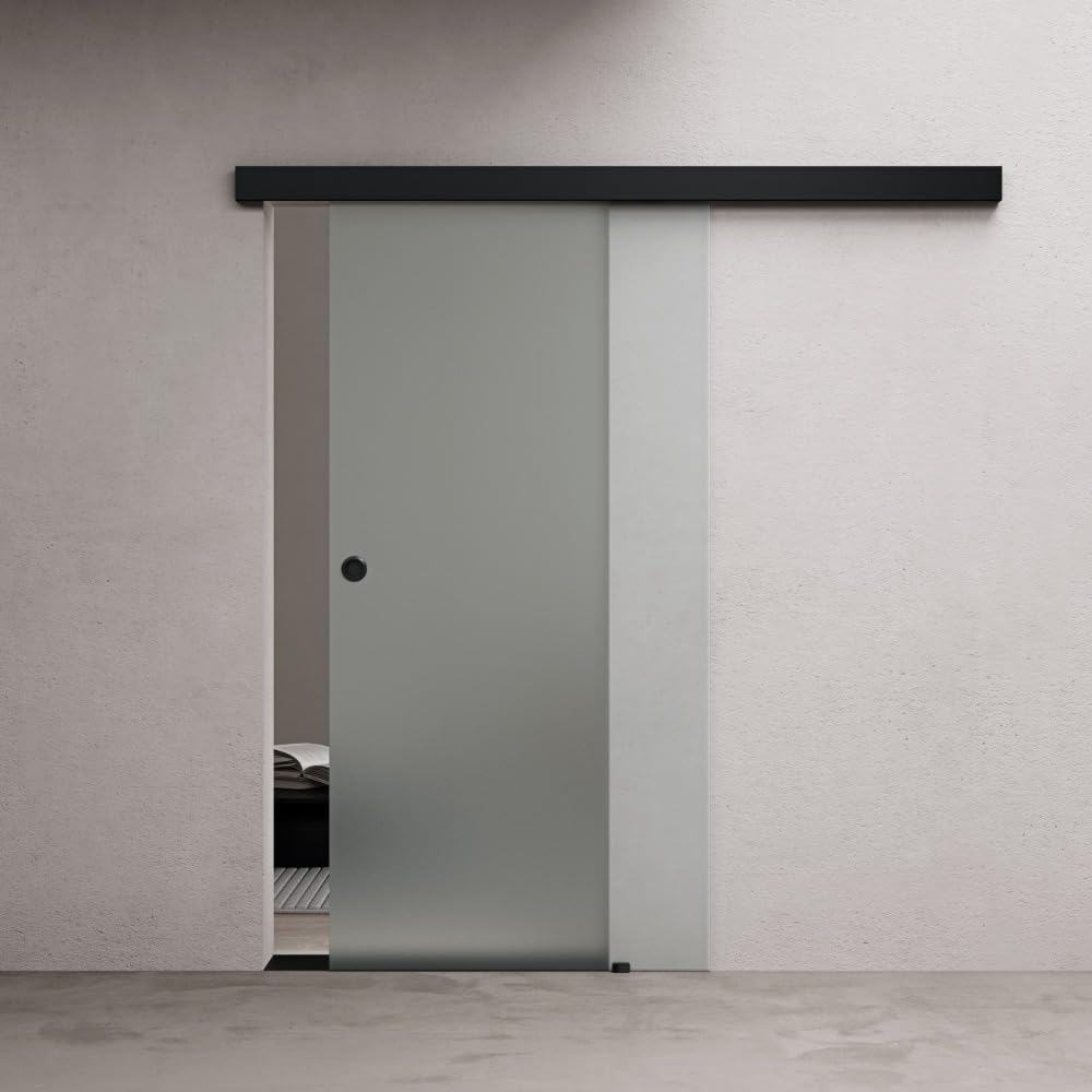 Durovin 900 * 2050mm Internal Sliding Glass Door - Fully Frosted - Black Round Handle & Rail - with Soft Close & Track 5ft for Bathrooms Kitchens Living Room Bedroom