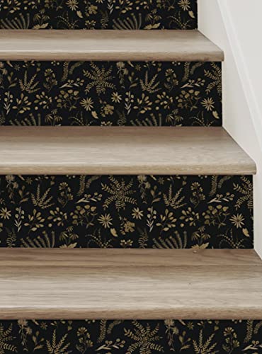 Plant Pattern Floral Peel And Stick Stair Riser Strips (15 Pack - 48"W X 6.5"H, Black Gold) #TOP2