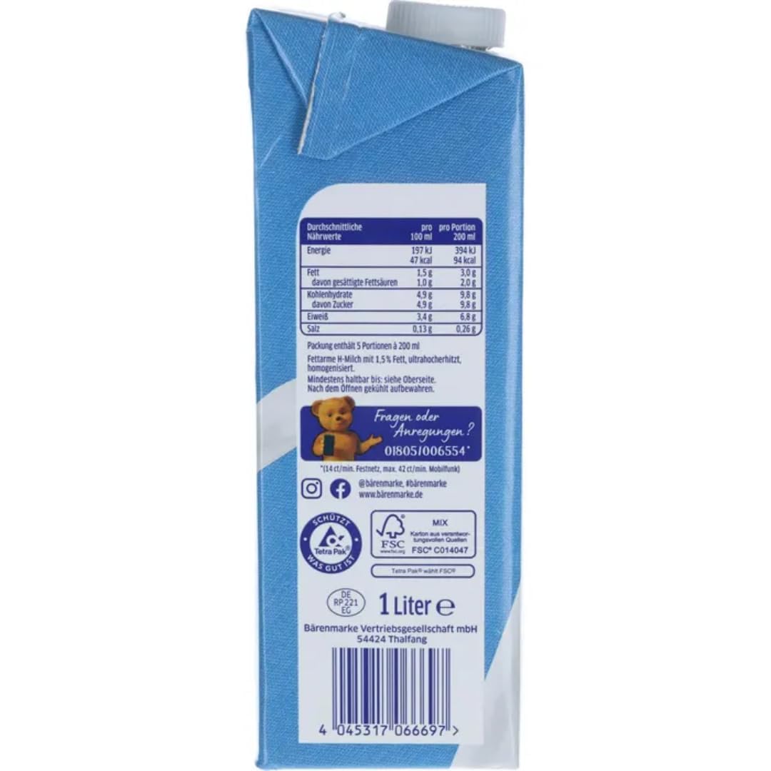 Milch Bärenmarke fettarme H-Milch 1,5% Fett HALTBARE MILCH, je 1 Liter, 60 Stück mit Pufai Grocery