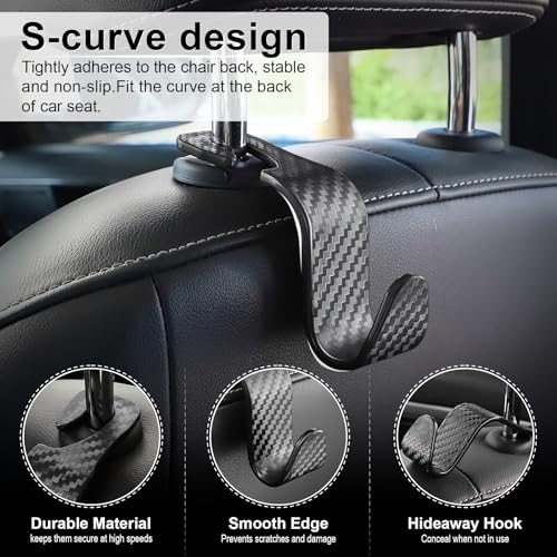 Image of LivTee Car Purse Hook, 4 Pack Universal Auto Seat Headrest Hook Hangers Organizer for Coats, Umbrellas, Groceries - Carbon Fiber Black | Universal