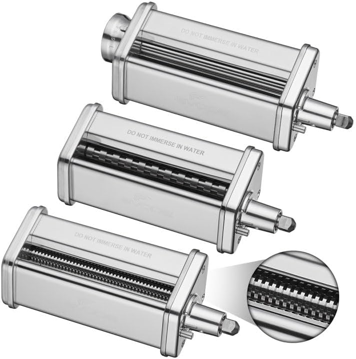 3Pcs Stainless Steel Pasta Attachment for Kitchen aid Stand Mixer Included Dough Sheet Roller, Spaghetti Cutter and Fettuccine Cutter Maker