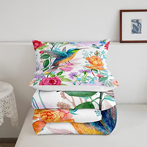 Hummingbird Bedding Set Bright Floral Hummingbird Comforter Set Full Size For Kids Boys Girls Room Garden Blossom Flowers Decor Comforter Rose Butterfly Comforter Inner Fill 3Pcs #TOP4