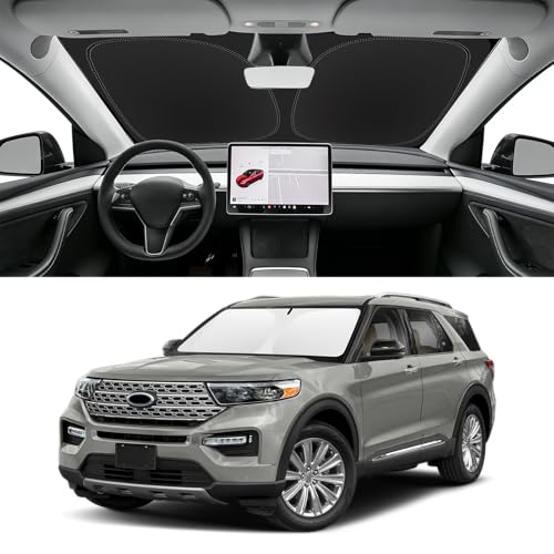 Image of Custom Fit Windshield Sun Shade for Ford Explorer 2020-2026 | Blocks UV Rays and Sun Heat, Helps Reduce Interior Temperature, Protects Dashboard from Fading, Folds Easily for Storage