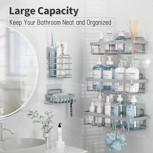Image of Liuoud 10 Pack Shower Caddy Organizer Rack Shelf for Inside Shower, Self Adhesive Wall Storage Basket Rustproof Stainless Steel Shampoo Holder Bathroom Accessory Decor Set, Grey