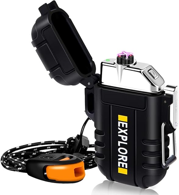 Electric Lighter,Plasma Lighter Waterproof Arc Lighter Windproof USB Lighter Rechargeable with Emergency Whistle for Hiking,Camping,Adventure,Outdoor,Survival,Tactical,EDC Gear (Black)