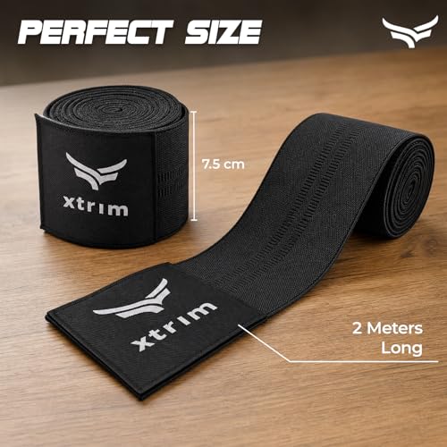 Image of Xtrim Knee Support Wrap for Men & Women, 2 Mtr Long, Set of 2, Black | Knee Stabilizer, Knee Bands for Sports, Squats and Heavy Lifting