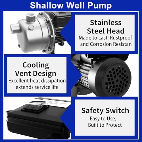 Image of LANCHEZ 1 /2 HP Shallow Well Pump, 960 GPH Stainless Steel Water Transfer Pump, 115V Garden Irrigation Pump, Water Booster Jet Pump for Home Garden Lawn Farm, Black