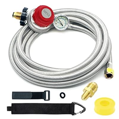 NQN 12 Foot 0-30 PSI High Pressure Adjustable Propane Regulator with Gauge 0~60PSI Gas Flow Indicator, Gas Cooker 3/8inch Female Flare Fitting, Stainless Steel Braided Hose and Gas Grill LP Regulator