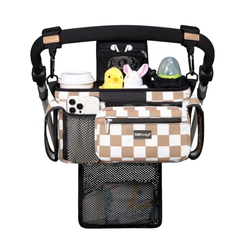 Image of TOPDesign Universal Baby Stroller Organizer, Stroller Caddy with Detachable Mesh Bag & Heightened Insulated Cup Holders & Non-Slip Secure Hooks Accessories, Fits Most Strollers (Khaki Checkered)