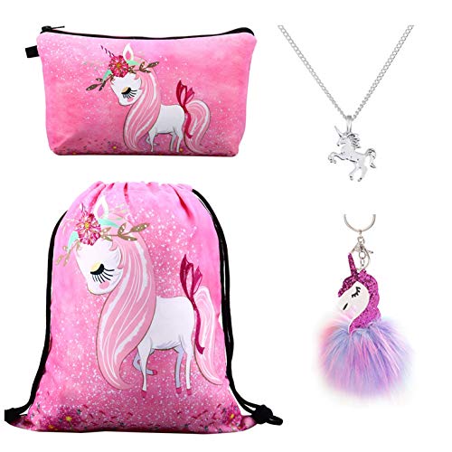 DRESHOW 4 Piezas Unicornios Regalos para Niñas: Mochila con Cordón Maquillaje Bolsa