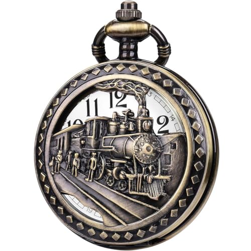 SIBOSUN Antique Men Pocket Watch with Chain Oversized 50MM 1.96 Inch Bronze Case 3D Locomotive Steam Train Railroad Hollow + Box