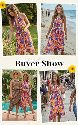 Image of ECOWISH Polka Dot Women Summer Dresses Casual Midi A Line Ruffle High Low Sleeveless Boho Floral Halterneck Cocktail Sundress