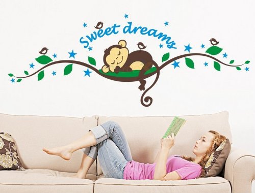 Sweet Dream Sleepy Little Monkey Rest on Tree Vine Monkey Wall Decal Nursery Wall Decal