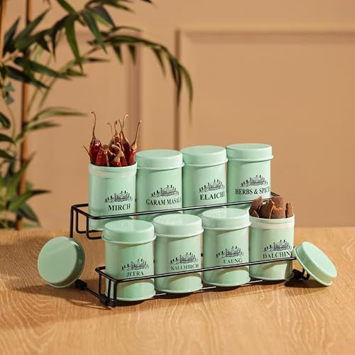 Image of Metallure Home Round Classic Airtight Spice Jars Set of 8 with 2-Tier Stand | Metal Jars for Daily Use (250ml Capacity of each container) | Masala Dabba, Spice Rack for Kitchen (Light Green)