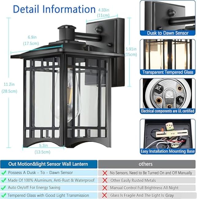 Dusk to Dawn Outdoor Lighting Fixtures Wall Mount, Exterior Front Porch Light with Anti - Rust Feature, Black Wall Sconce Lamp, Waterproof Wall Lantern, Outside Coach Lights for House, Garage, Doorway