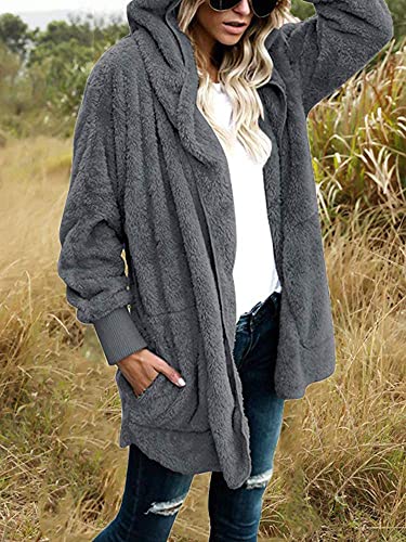 Womens Fuzzy Jacket Sherpa Coat Open Front Hooded Cardigan Outwear With Pockets (Dark Grey,L) #TOP2