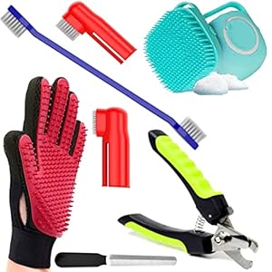 Woofy Dogs Grooming Kit – Pet Shampoo Brush, Nail Cutter, Tooth Brush and Grooming Hand Glove for Puppy, Cat and Kitten (Pack of 4)