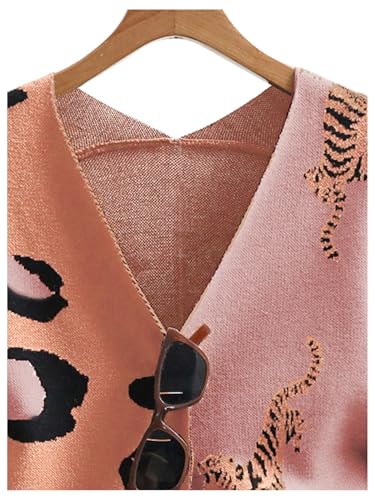 Image of WDIRARA Women's Leopard Tiger Print Cardigan V Neck Long Sleeve Color Block Button Down Sweater Outwear