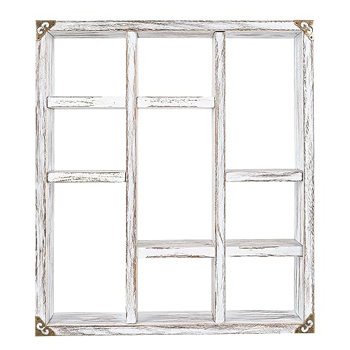 NIUBEST 45x40 cm Schattenschachtel-Regal mit 9 Fächern, rustikale Holz-Schweberegale, größeres Regal, leichtes Massivholz-Ausstellungsregal (Rustikales Weiß)