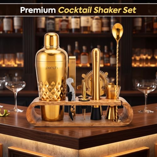 Image of O' Holic by Perch 10-Piece Bartender Kit with Mango Wooden Stand|Cocktail Shaker Gift Set with Jigger, Strainer, Spoon, Muddler,Pourers,Tongs & Corkscrew|Home Bar Accessories for Mixing Drinks(Golden)