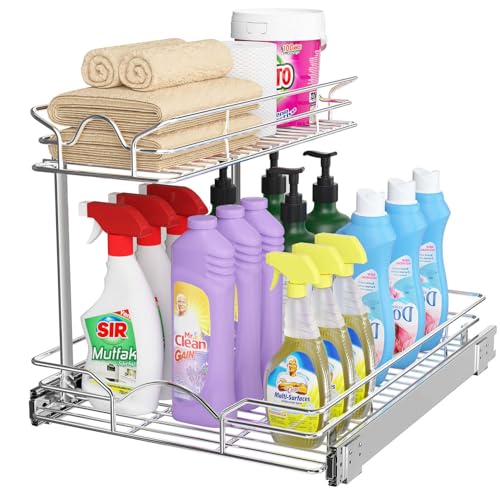 OCG Under Sink Cabinet Organizer Two Tier Pull Out Shelf (14.75W x 21D), Under Sink Sliding Shelf...