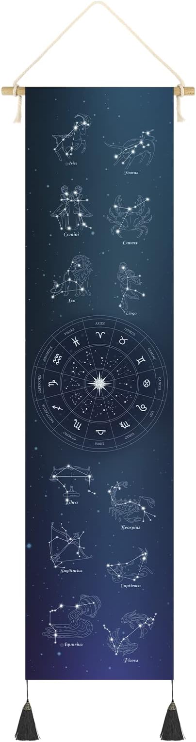 Hanging Poster Canvas Wall Art Banner 12 Constellation Stars, Zodiac Tapestry Astrology Tapestry symbols for Wall Decor Wall Hanging Tapestry Decoration For Home,Office,Room (13''x 56''/33x142cm)