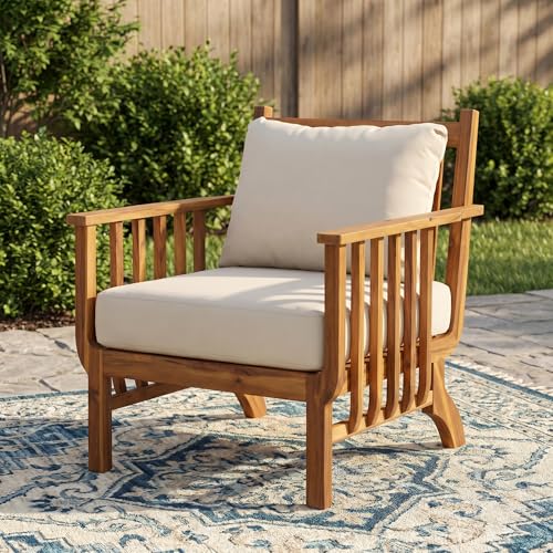 Merax 31.1" Mid-Century Modern Acacia Wood Outdoor Club Chair with Weather-Resistant Cushion, Patio Lounge Chair for Poolside, Deck, Backyard