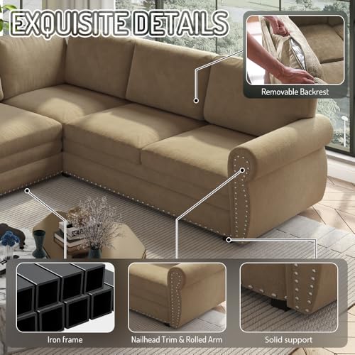 Image of KCGKCG 118 inch Sleeper Sofa Bed, Sectional Couches for Living Room /Apartment, Chenille L Shaped Couch with Pull Out Couch Bed, Convertible Sectional Sofa with Rolled Arm & Nailhead Trim, Camel