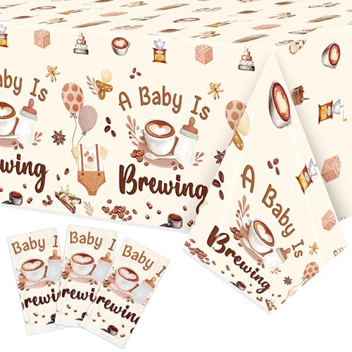 Image of K1tpde Coffee Themed Baby Shower Tablecloths - 3PCS A Baby is Brewing Party Disposable Tablecloths for Kids, Coffee Beans Shower Welcome Baby Decorations Pregnancy Diaper Gender Reveal Party Supplies