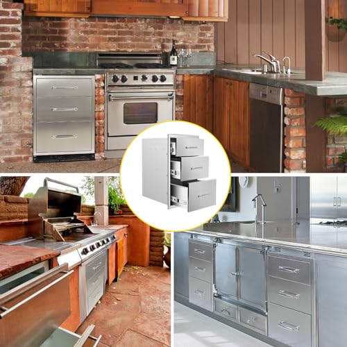 Image of Outdoor Kitchen Drawers 18''Wx 24''H x 23''D Triple BBQ Drawers Stainless Steel Built-in Drawer for Outdoor Kitchen Island, Patio Grill Station