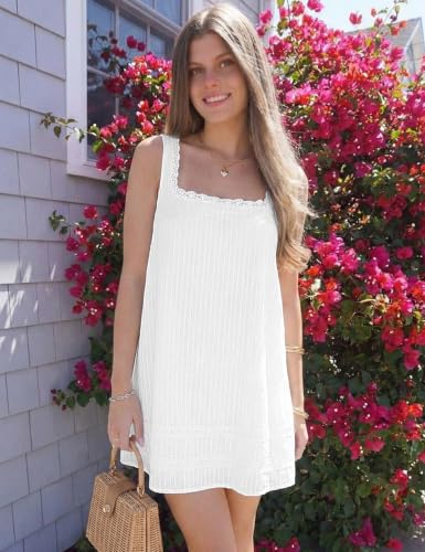 FOMELY Womens Square Neck Cotton Sundress Casual Summer Mini Dress White | Sleeveless Tank Dresses for Women Lace Flowy Sundress, Ideal for Beach, Vacation, Daily Wear, Comfy&Cute Style - image 3