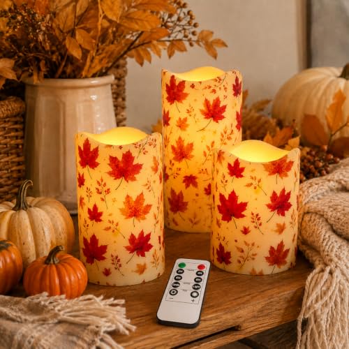 Image of Maple Leaf Flameless Candles with Remote Timer, 3 Pack LED Pillar Candles 4 /5 /6 Inch, Warm White Flickering Battery Operated Candles for Fall Thanksgiving Christmas Decor