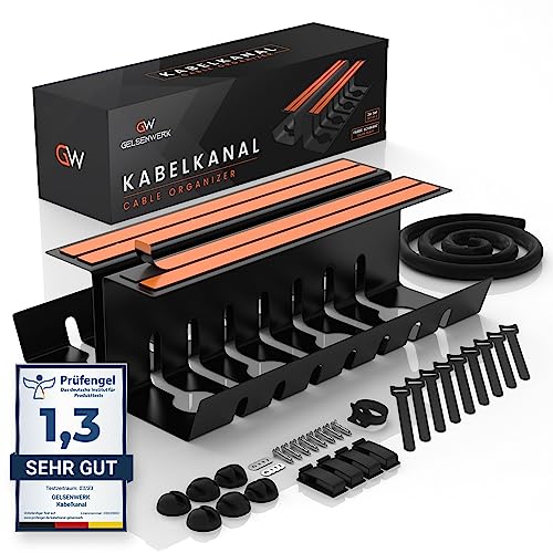 GELSENWERK Canal de Cables de Escritorio sin taladrar - Bandeja de Cables 43x12x12 cm - con Tubo de Cables - Cesta de Cables Negra para la gestión ordenada de los Cables en el Lugar de Trabajo.