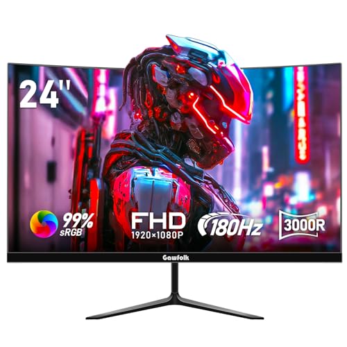 Gawfolk Monitor 24 inch 180hz Curved Gaming FHD 1080P Frameless Computer Monitor with Eye-Care Technology, Support AMD freesync Low Motion Blur, VESA, DisplayPort, HDMI