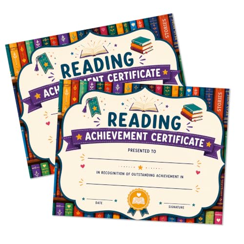 Reading Certificate of Achievement Awards- Book Reading Certificates of Completion- 25 Pcs Recognition Award for Kids, Kindergarten Student Motivation, Preschool Classroom Literacy Incentives-A08