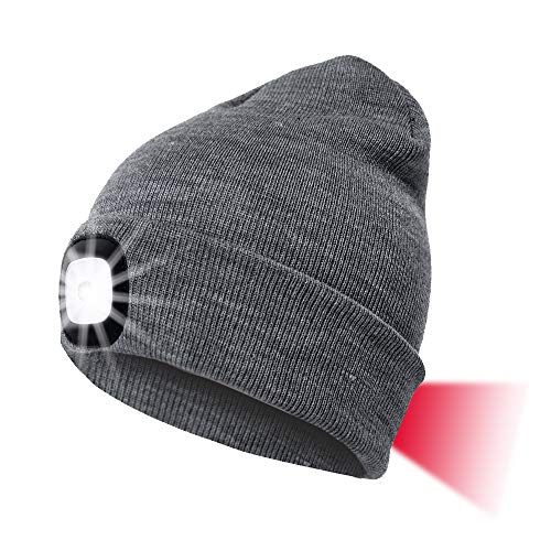 Unisex LED Beanie Hat with Light, Gifts for Men Dad Him Women USB Rechargeable Winter Knit Lighted Headlight Headlamp Cap Flashlight Hat with 3 Brightness Levels Lighting and Flashing Alarm (Gray)