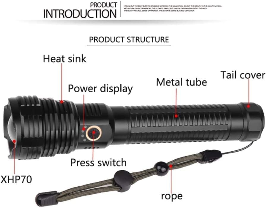 BESTSUN USB Rechargeable LED Tactical Flashlight, 200000 Lumen XHP70 LED Flashlight Tactical Torch 5 Mode, Zoomable, Waterproof Handheld Flashlights for Emergency Camping