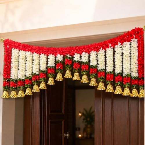 Rajasthan Kraft Artificial Red & White Gajra Toran with Bell, 40 Inch, Festive Home Decor for Diwali, Housewarming, Wedding & Pooja, Traditional Indian Floral Decoration