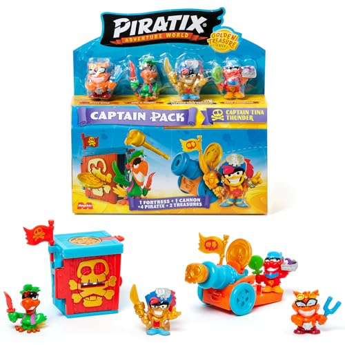 PIRATIX Adventure World Serie Golden Treasure–Captain Pack Tina Thunder.Incluye 4 Piratix;capitán Dorado y piratix Sorpresa,4 Accesorios,Fortaleza, cañón,2 Tesoros exclusivos y 2 Banderas.Pack 3 de 6