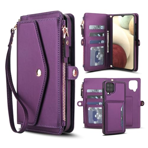 Coque Samsung Galaxy A12 et M12 Violet Intense - Étui Portefeuille en Cuir PU avec Cordon et Verre