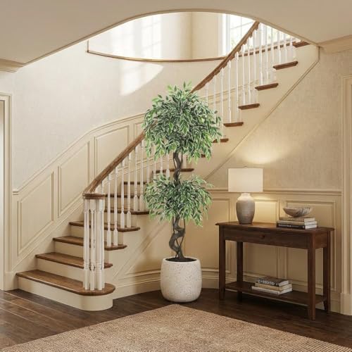 5ft Artificial Ficus Tree, Tall Fake Plants Indoor with White Planter & Pebbles, Realistic Variegated Silk Faux Tree with Natural Wood Trunk, Floor Plant for Living Room Corner, Home Office Decor - image 3
