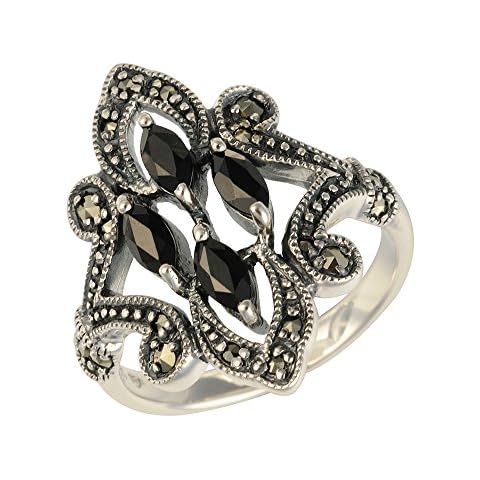 Esse Marcasite Sterling Silver Black Spinel and Marcasite Art Nouveau Dress Ring - Size L Cover