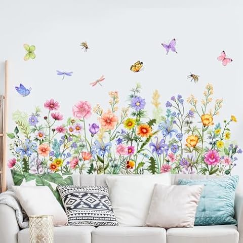 Colorful Floral Wall Decals Wildflowers Flower Wall Stickers Butterfly Green Plant Wall Mural Peel and Stick Flowers Wall Decor DIY Removable Wall Art for Girls Bedroom Nursery Cover