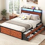 Kiivakii Queen Size Bed Frame with 12 Storage Drawers, LED Headboard with Charging Station, Metal Platform Bed Frame, No Box Spring Needed, Noise-Free, Stable and Solid, Brown